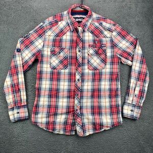 Men's Carbon Red Blue Plaid Long Sleeve‎ Button Up Shirt Size Large Cotton